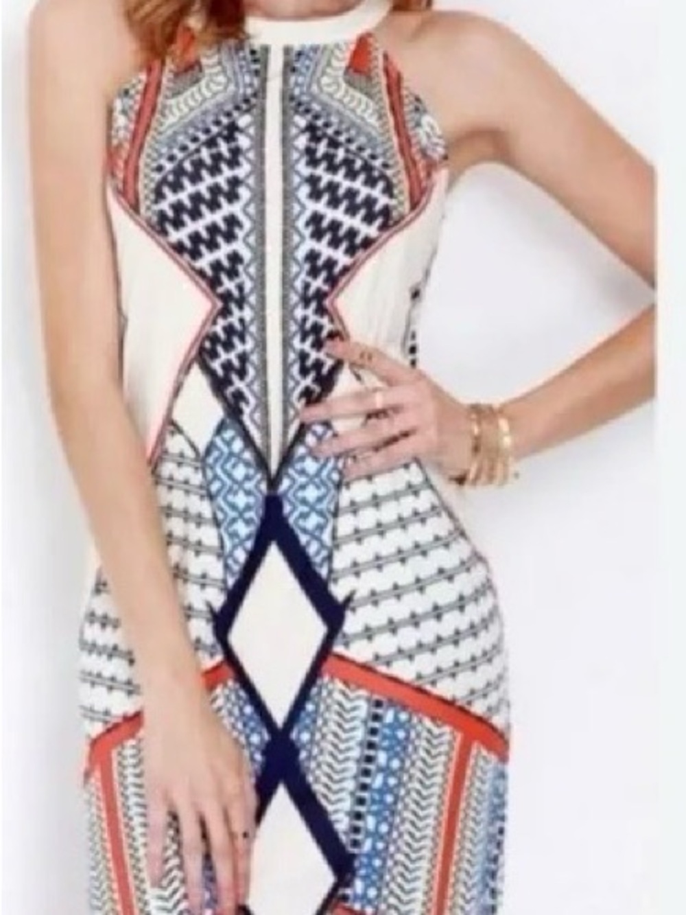 VENUS Geometric Print Dress in cream Blue, Navy, Orange colors